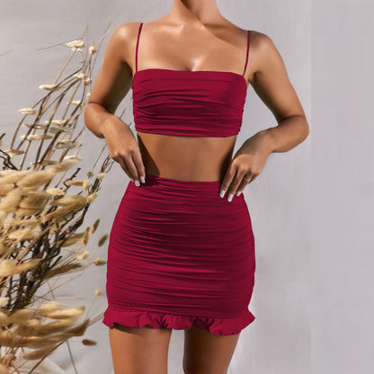 Pleated Flounce Peplum Hip-Wrapped Two-Piece Set