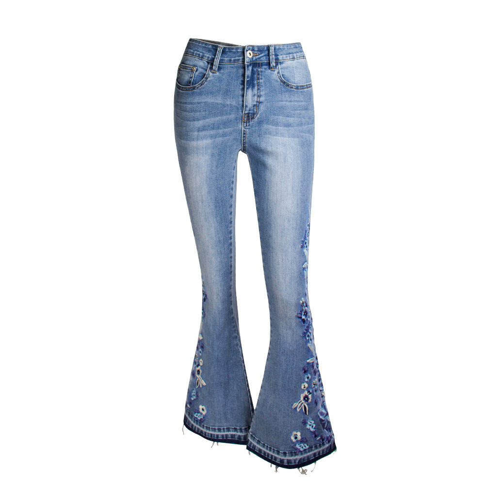 Women Denim Bell-Bottom Pants 3D Machine Embroidery Denim Women Autumn Denim Wide Leg Trousers Plus size (7525024563288)