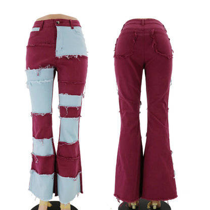Macro-Stitching High-Waist Color Contrast Denim Jeans