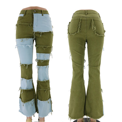 Macro-Stitching High-Waist Color Contrast Denim Jeans