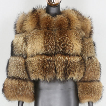 Raccoon Print Faux Fur Short-Stitching Long Sleeves Coat