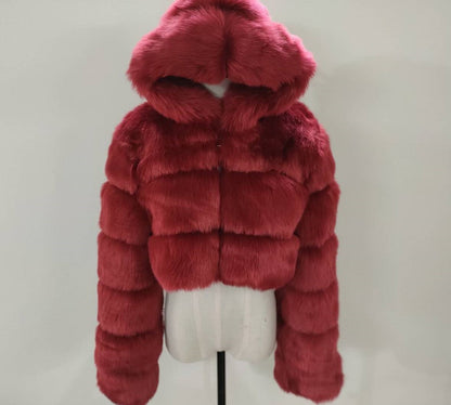 Faux Fox Fur Hooded Short Coat