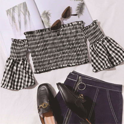 Off-Shoulder White-Black Square Plaid Tube Top (7518484070488)