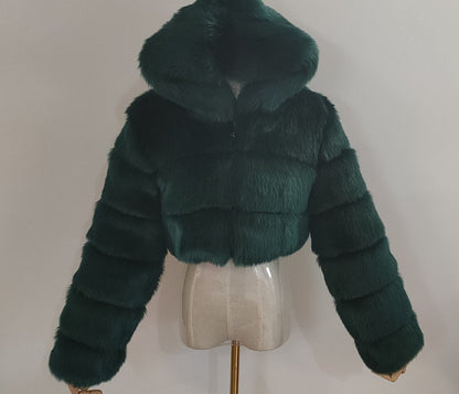 Faux Fox Fur Hooded Short Coat