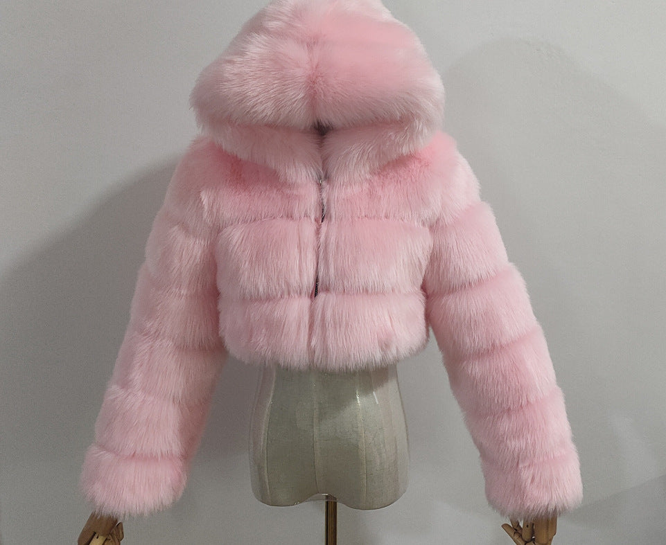 Faux Fox Fur Hooded Short Coat