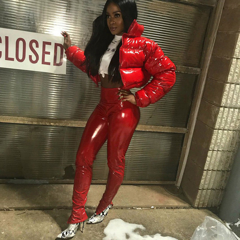 Thermal Glossy - Zip-Up High-Collar Leather Thick Cotton Jacket Outerwear (7516640870488)