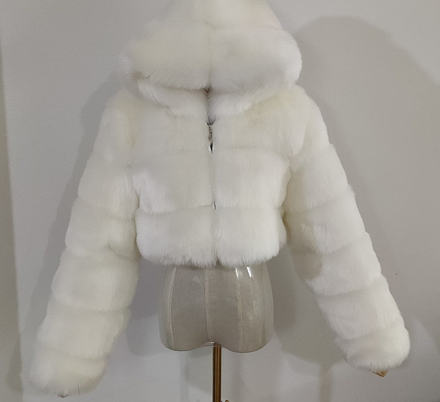 Faux Fox Fur Hooded Short Coat