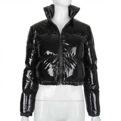 Thermal Glossy - Zip-Up High-Collar Leather Thick Cotton Jacket Outerwear (7516640870488)