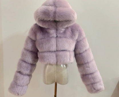 Faux Fox Fur Hooded Short Coat