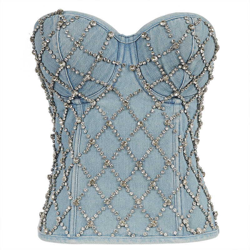 Diamond-Beaded - Diamond-Beaded Denim Tube Top (7517901488216)