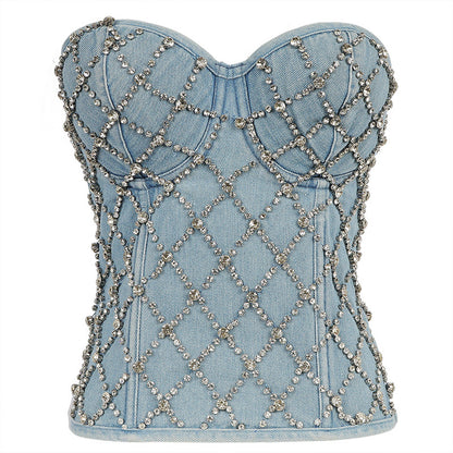 Diamond-Beaded - Diamond-Beaded Denim Tube Top (7517901488216)