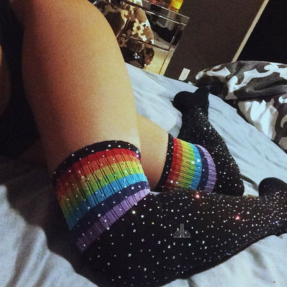Rhinestone Knee Striped - High-Top Socks (7517779361880)