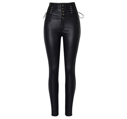 Lace-Up Button-Up High-Waist Faux Leather Skinny Stretchy Pants (7524749869144)