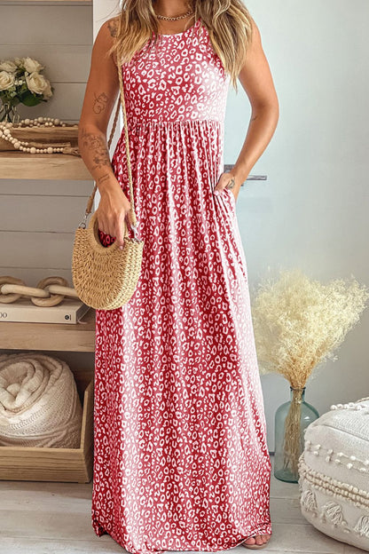 Leopard Round-Neck Sleeveless Maxi Dress