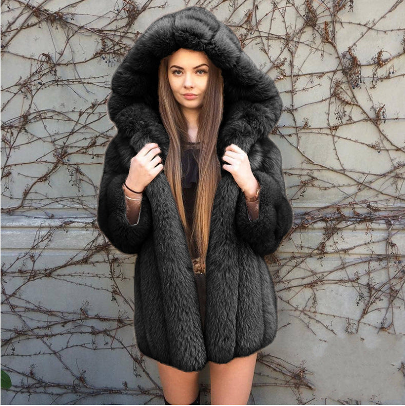 Fox Faux Fur Hooded Mid-Length Coat