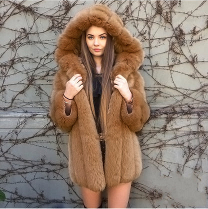 Fox Faux Fur Hooded Mid-Length Coat