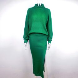 Pullover Polo-Neck Split Maxi Skirt & Top Two-Piece Set