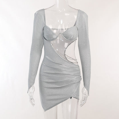 Cut-Out Slim-Fit Rhinestones Long Sleeves Hip Dress