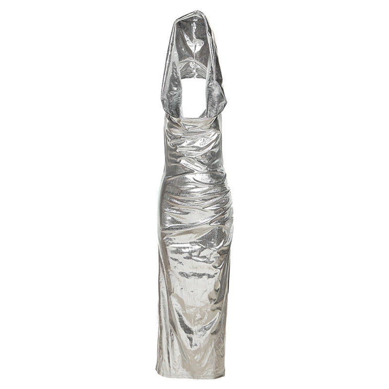 Metal & Hooded - Black/Silver/Blue Metallic Hooded Pile Collar Pleated Backless Dress (7517615554648)