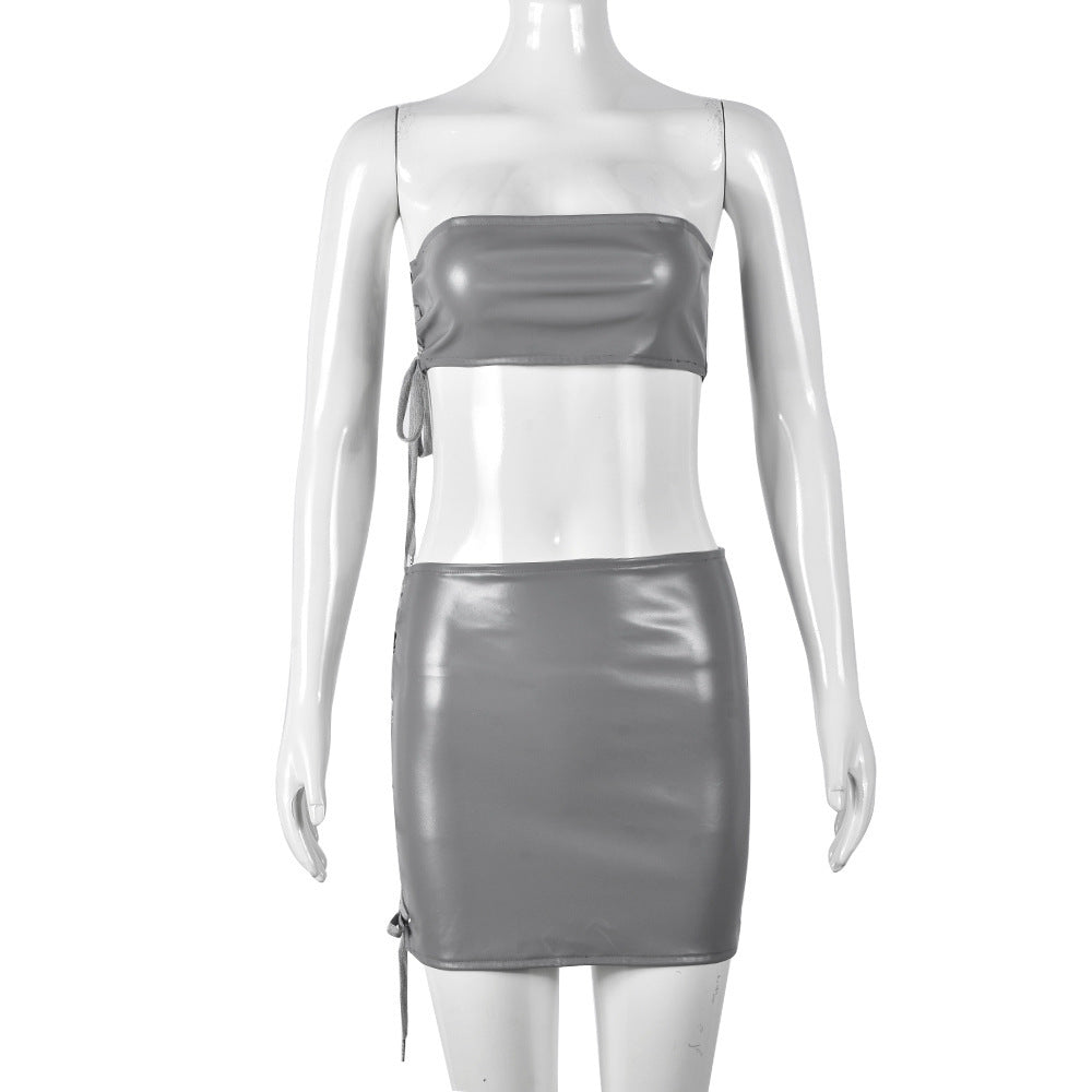 Tube Top Hollow-Out Cut-Out Cropped Lace-Up Leather Skirt & Top - Two-Piece Set (7524289970264)