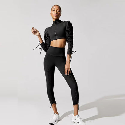 What A Set! - Bubble Sleeves Long Sleeves Zip-Up Coat Sports Pants Set (7516828729432)