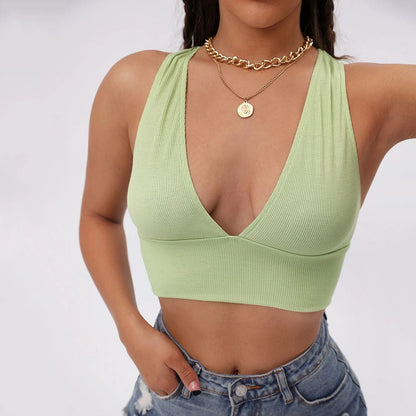 Slim-Fitting Solid Color V-Neck Top Sling Backless Vest Crop-Top