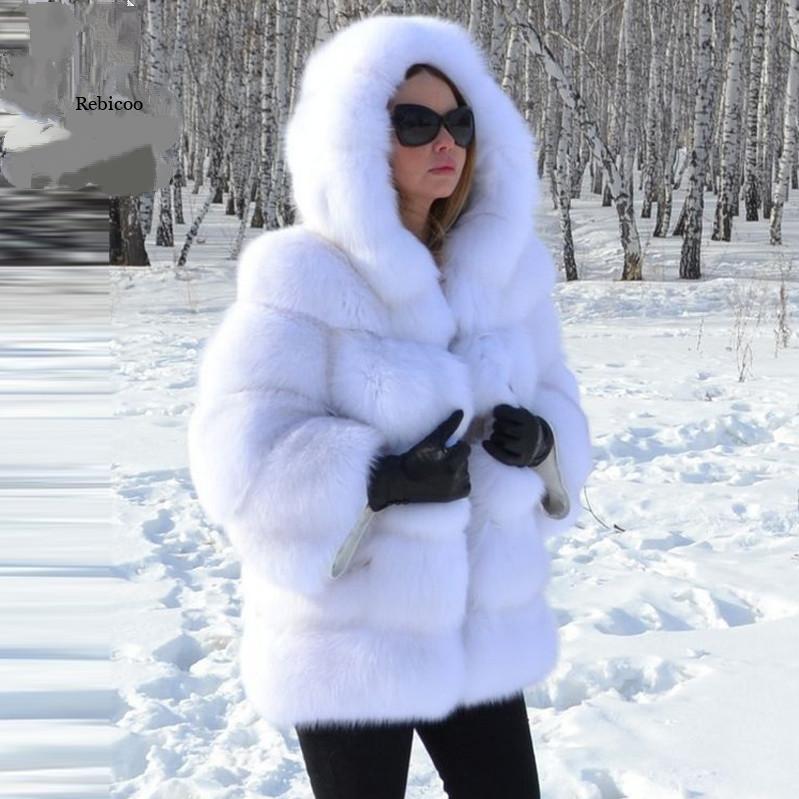 Faux Fox Fur Hooded Mid-Length Slim-Fit Coat