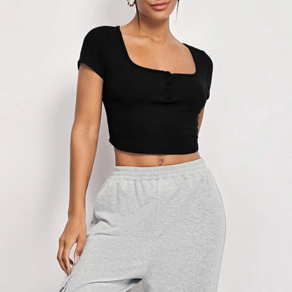 Square Collar Knitted Short Sleeves Crop-Top