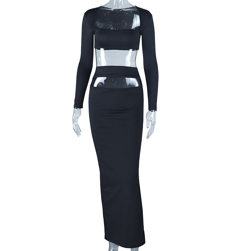 Solid Color Long Sleeves Skirt & Top Two-Piece Set (7524301963352)