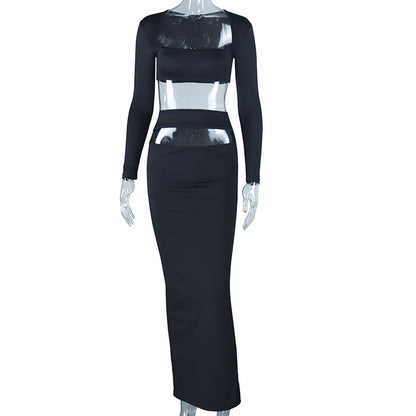 Solid Color Long Sleeves Skirt & Top Two-Piece Set (7524301963352)