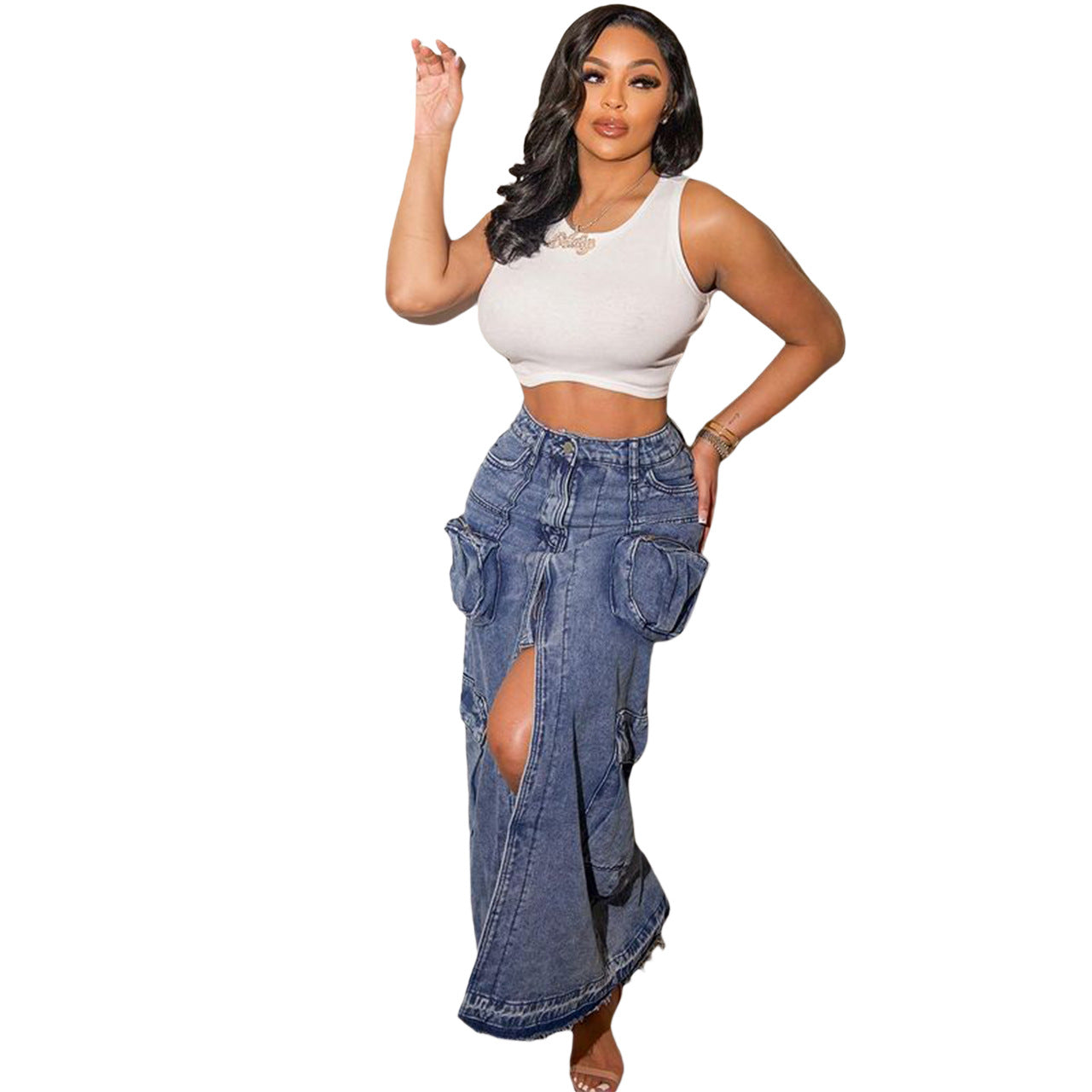 Denim Oversized Pockets Slit Stretch Skirt