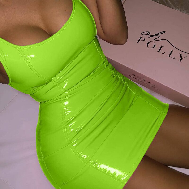 Metallic Solid Color Sling Leather Sleeveless Dress (7517616701528)