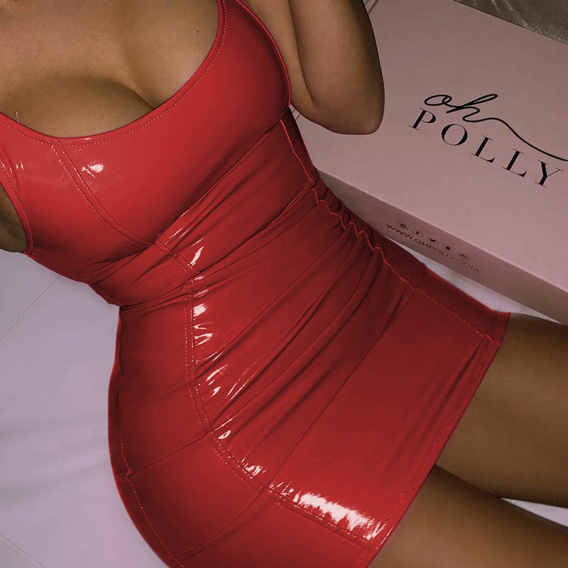 Metallic Solid Color Sling Leather Sleeveless Dress (7517616701528)