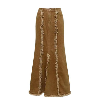 A-Line Sheath Fishtail Tassel High-Waist Brown-Washed Asymmetrical Denim Skirt