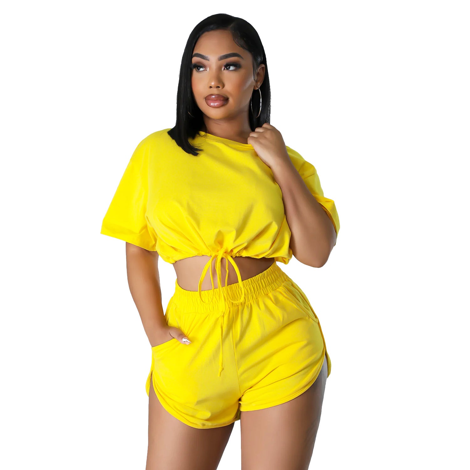 Solid Color Lace-Up Shorts & Crop-Top Two-Piece Set (7524301930584)