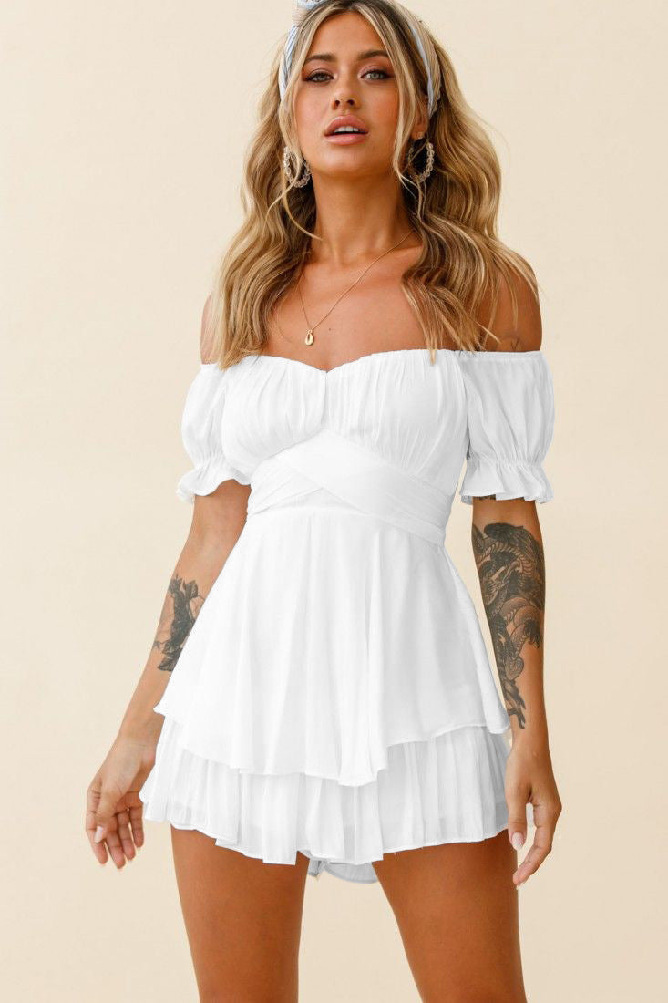 Solid Color Neck Lantern Ruffle Sleeves Romper