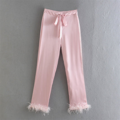 Lace-Up Feather Pants & Top Pajamas Set