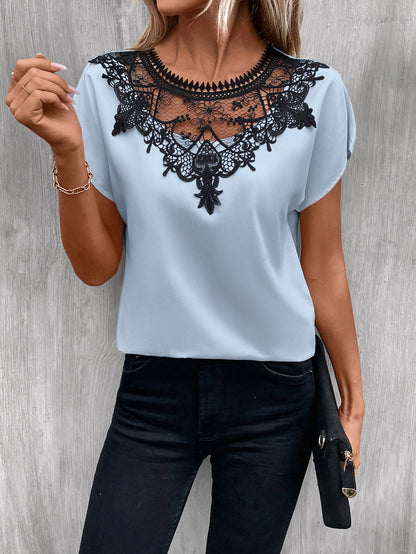 Patchwork - Round Neck Shirt Short-Sleeved Lace Color-Contrast Top (7518642864216)