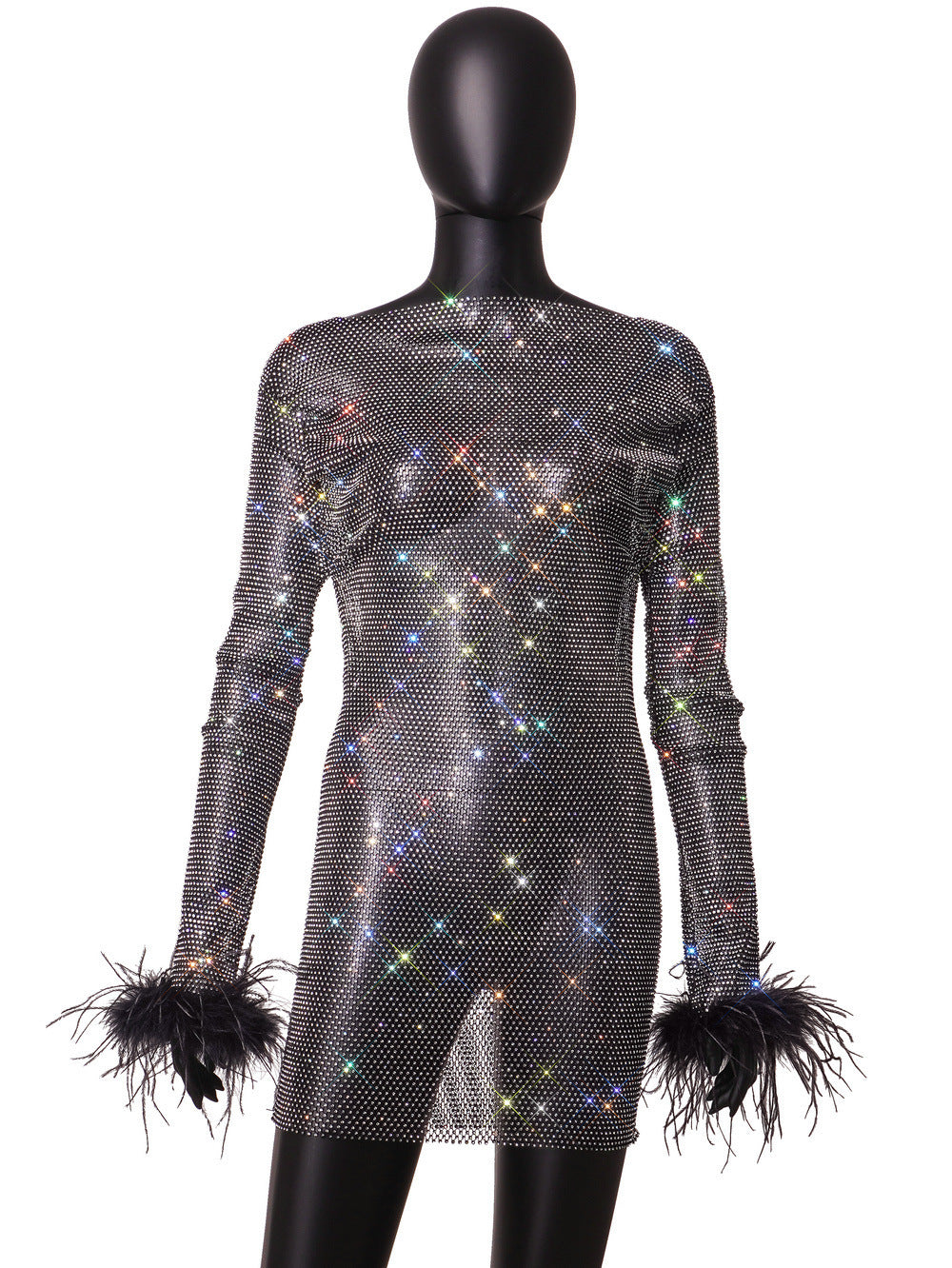 Furry Dress - Rhinestone Mesh Long Sleeves (7516662497368)