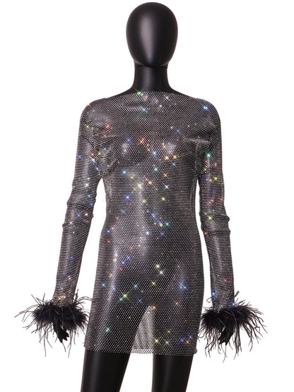Furry Dress - Rhinestone Mesh Long Sleeves (7516662497368)