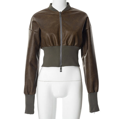 Faux Leather Long Sleeves - Solid Color Waisted Cropped Coat Top (7516616392792)