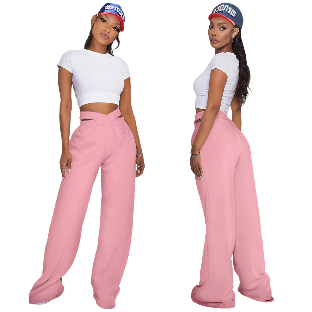Solid Color Double-Layer Waistband Wide-Leg Pants
