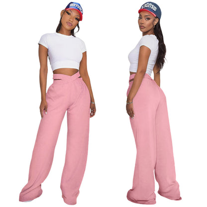 Solid Color Double-Layer Waistband Wide-Leg Pants