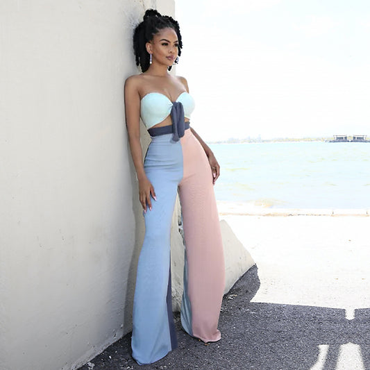Color Contrast Patchwork Corset Bell-Bottoms Two-Piece Set