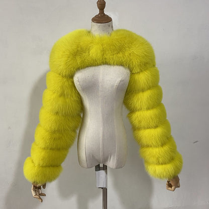 Crop-Top Long Sleeves Spliced Fur Coat