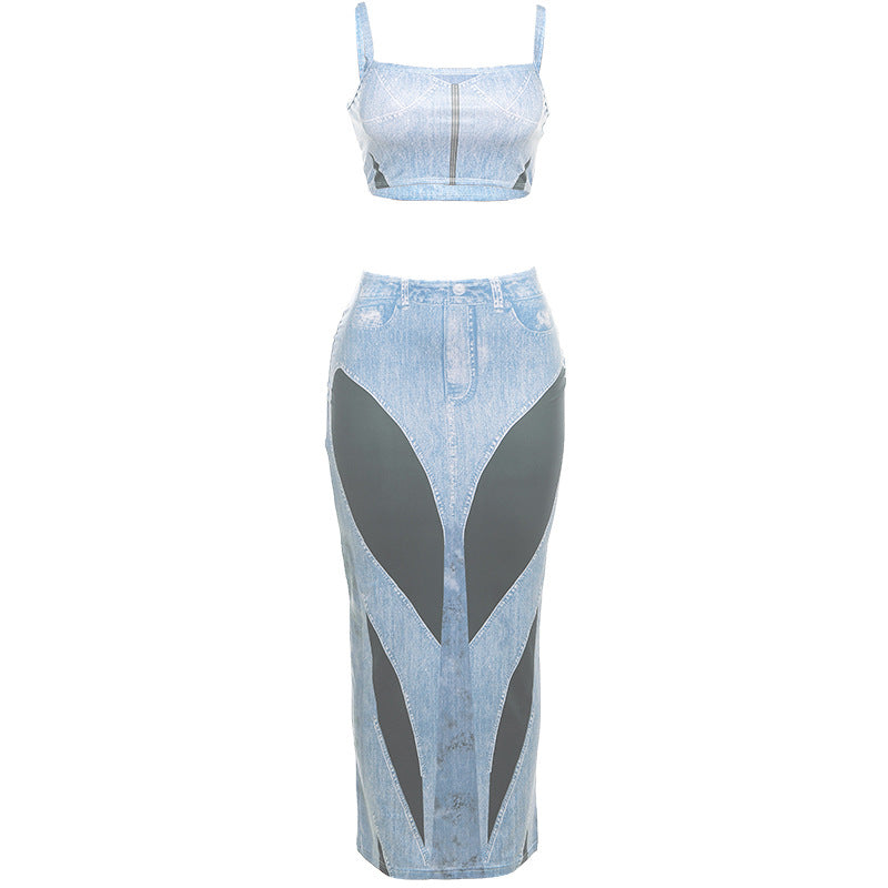 Denim Print - Denim Printed Camisole & High-Waist Slim-Fit Skirt Set (7519216992344)