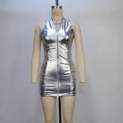 Solid Color Pleated Halter - Zipper Slim-Fit Sheath Dress (7517611688024)