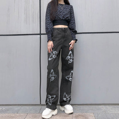 Butterfly Print Drapey Straight-Leg Denim Jeans
