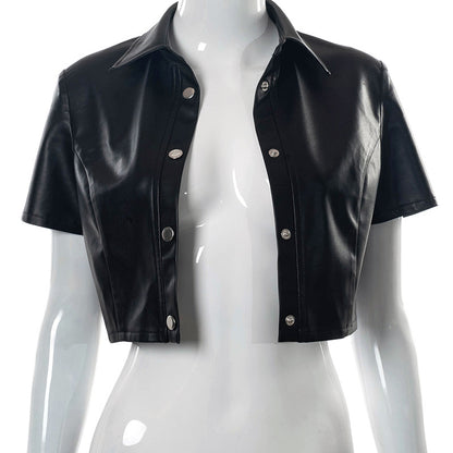Polo-Collar Button Cropped T-Shirt Top (7516558327896)