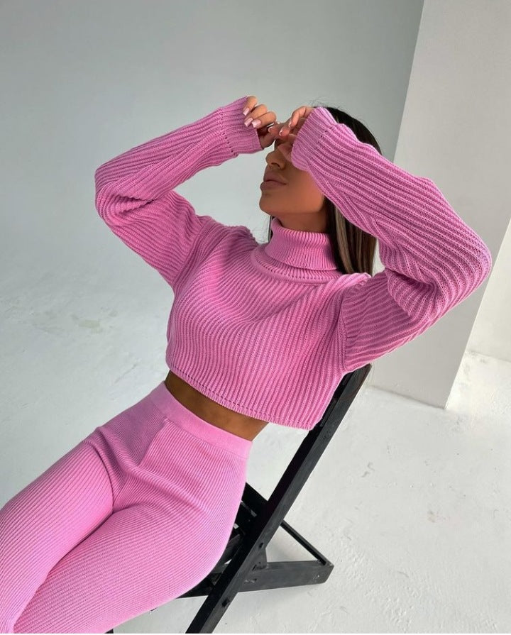 Solid Color Long Sleeves High-Waist Wool Two-Piece Set